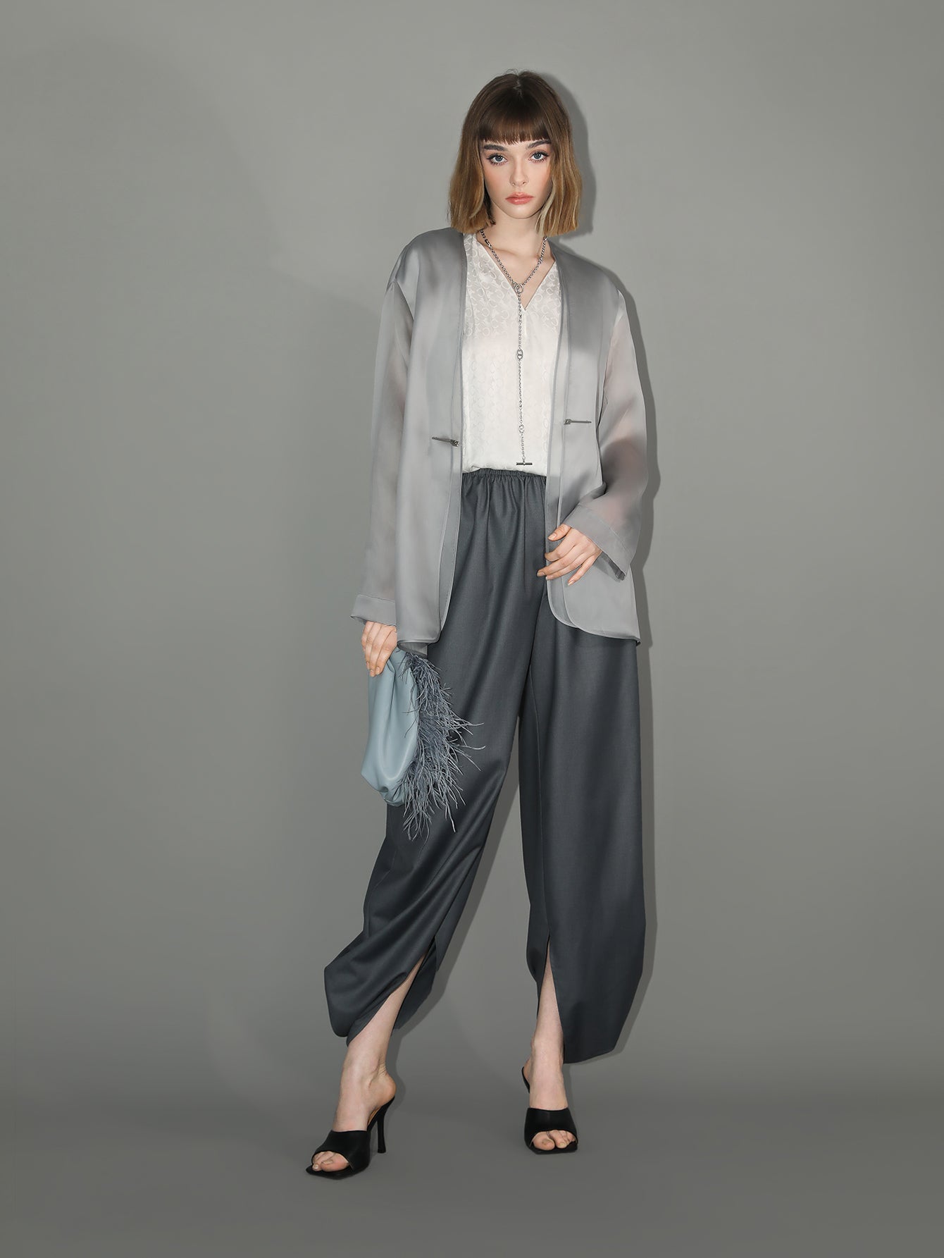 Charcoal Wide Leg Side Slit Satin Balloon Pants-1