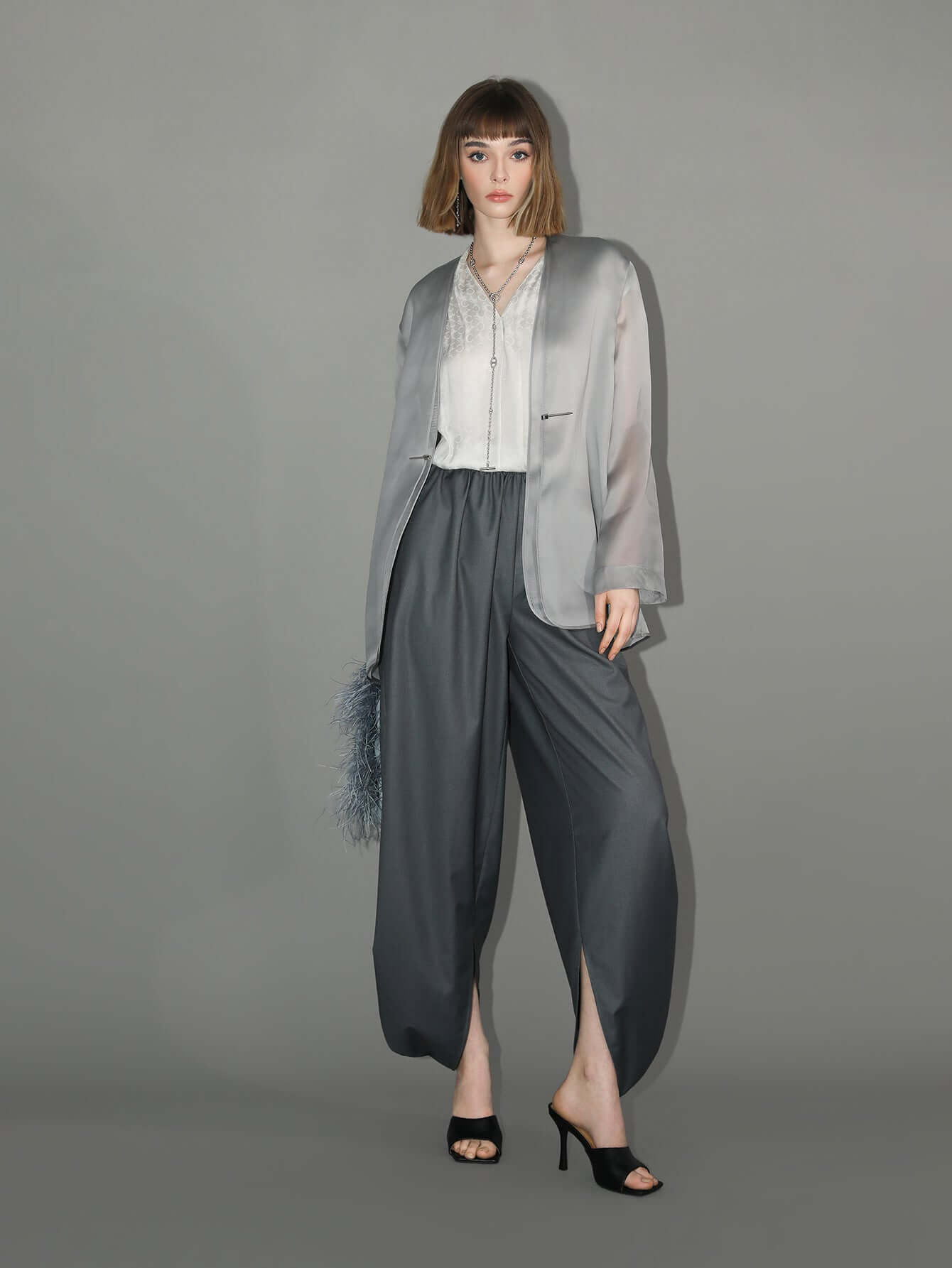 Charcoal Wide Leg Side Slit Satin Balloon Pants-2