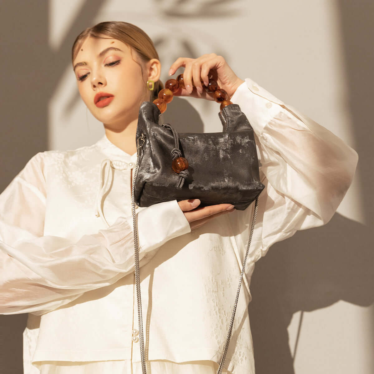 Charming Beaded Handle Leather Bag-2