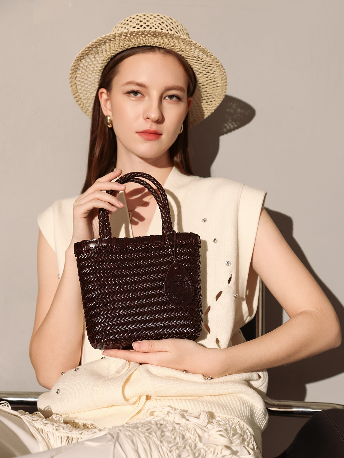 Chocolate Organic Reed Woven Basket Bag-3