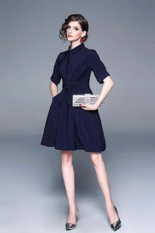 Classic Navy Blue Belted Shirt Dress-1