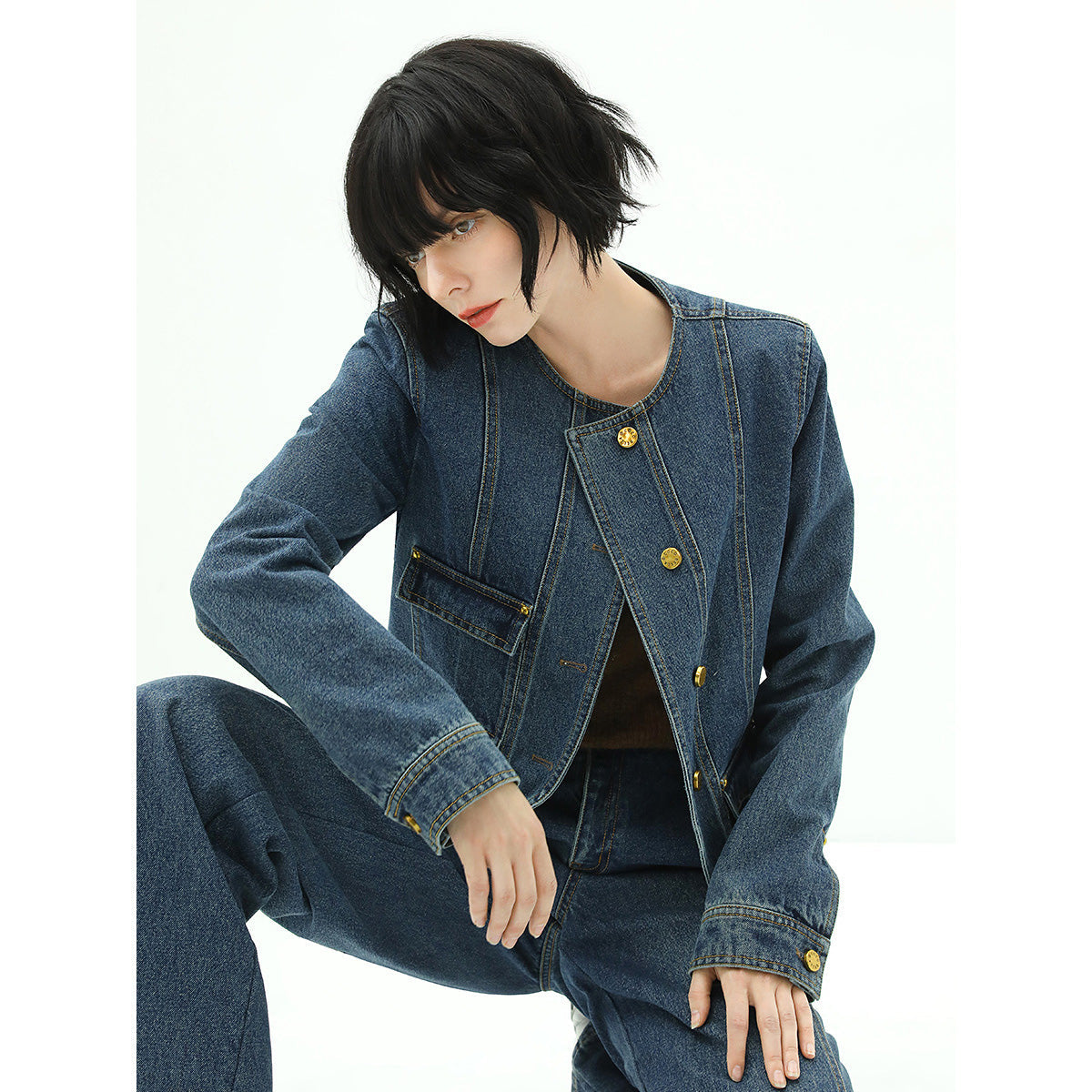 Collarless Blue Denim Jacket-0