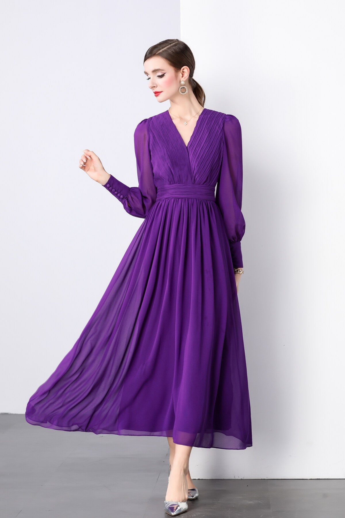 Deep Purple Long Sleeve V Neck Ruched Waist Maxi Dress-2