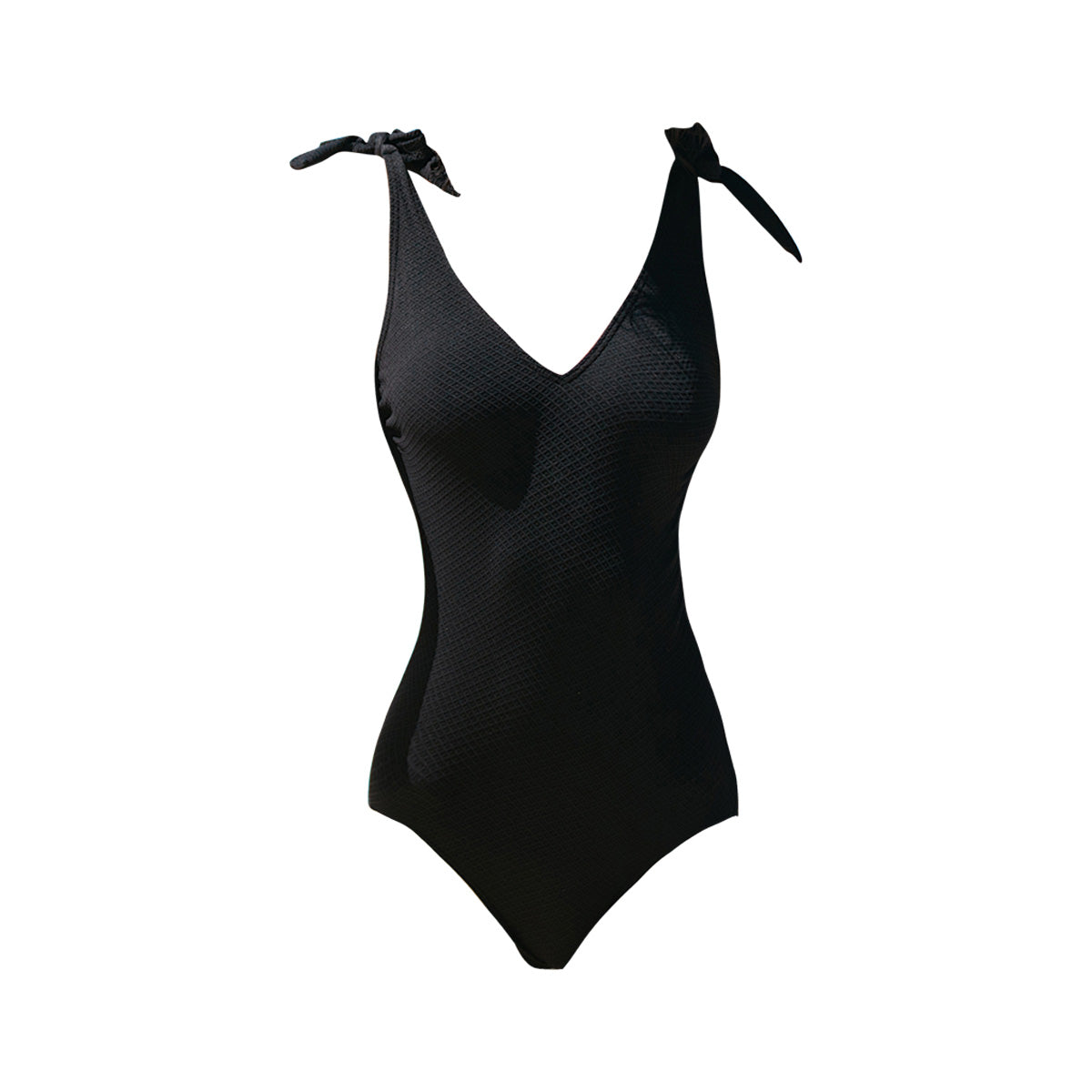 Deep V Neck Shoulder Tie Black Swimsuit-3