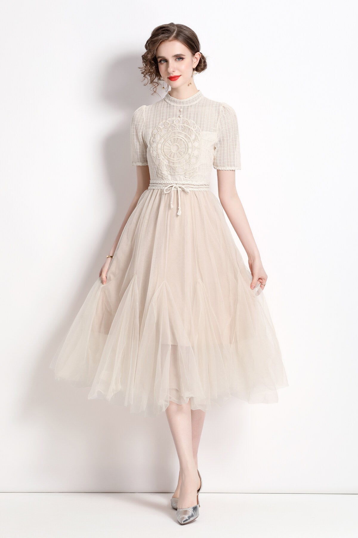 Delicate Mesh High Waisted Midi Dress-2