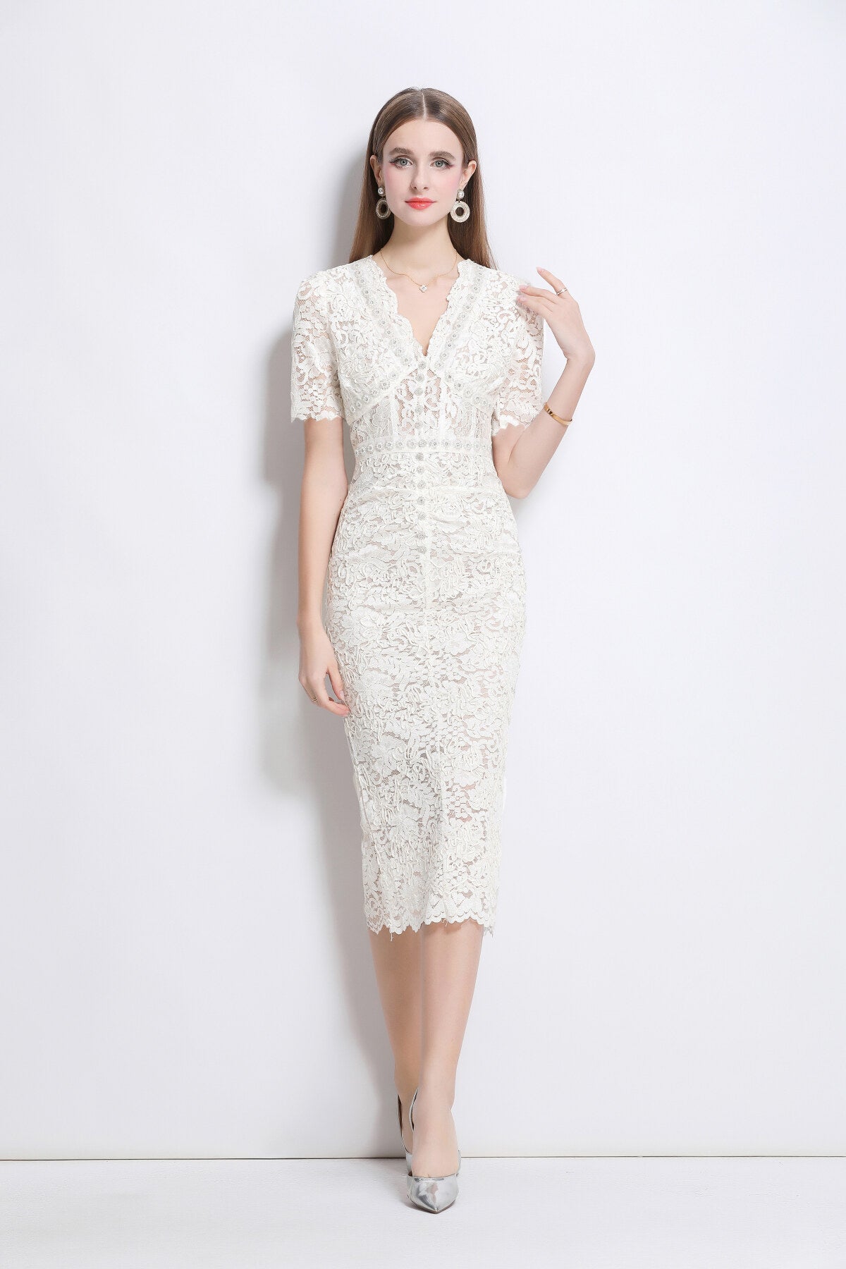 Donna Slim Fit White Lace Cut Out Dress with Inner Slip-0