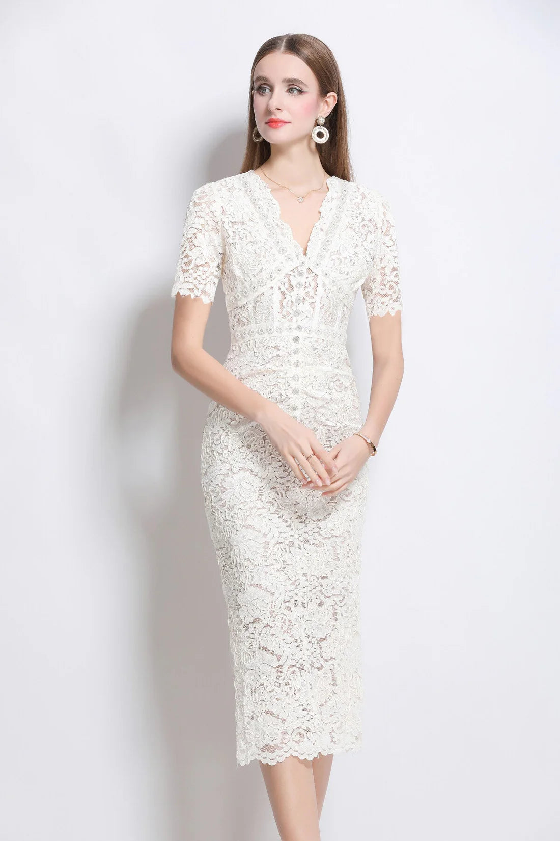 Donna Slim Fit White Lace Cut Out Dress with Inner Slip