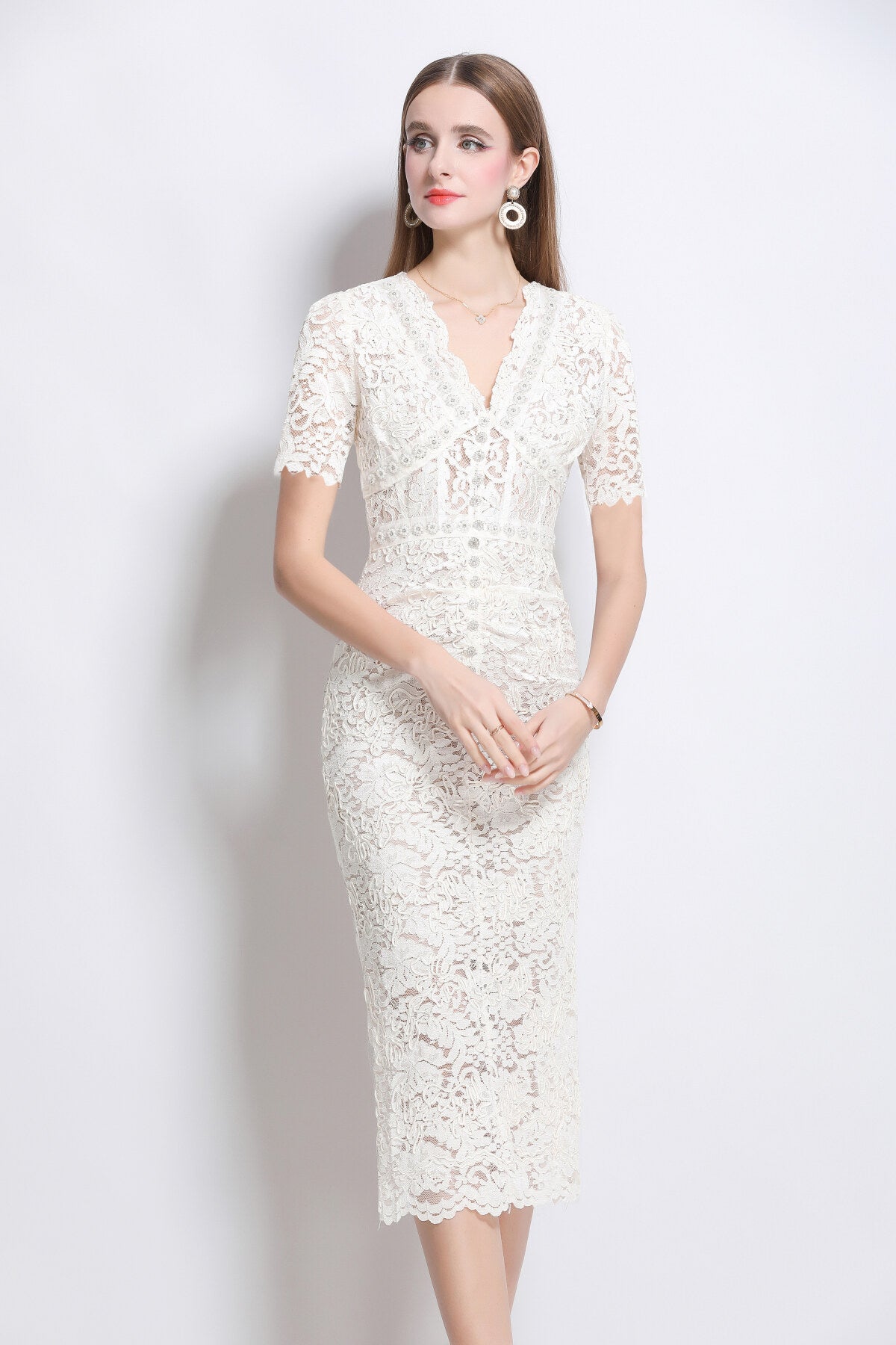 Donna Slim Fit White Lace Cut Out Dress with Inner Slip-1