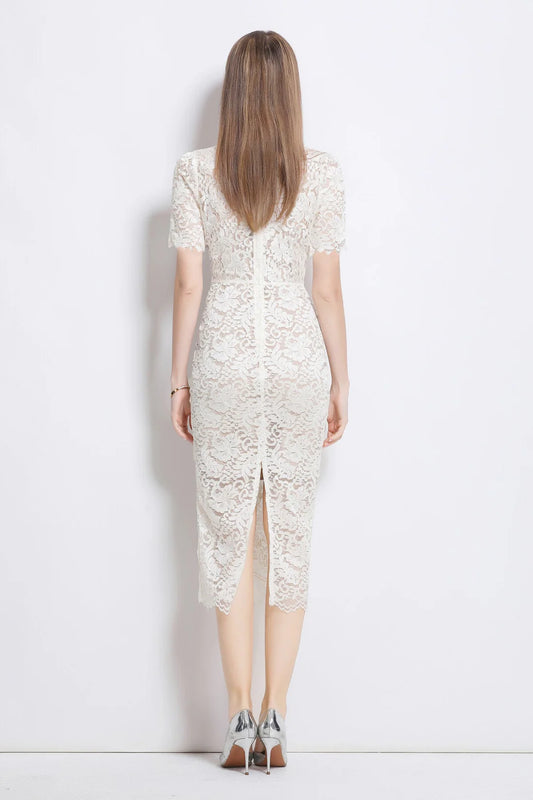 Donna Slim Fit White Lace Cut Out Dress with Inner Slip