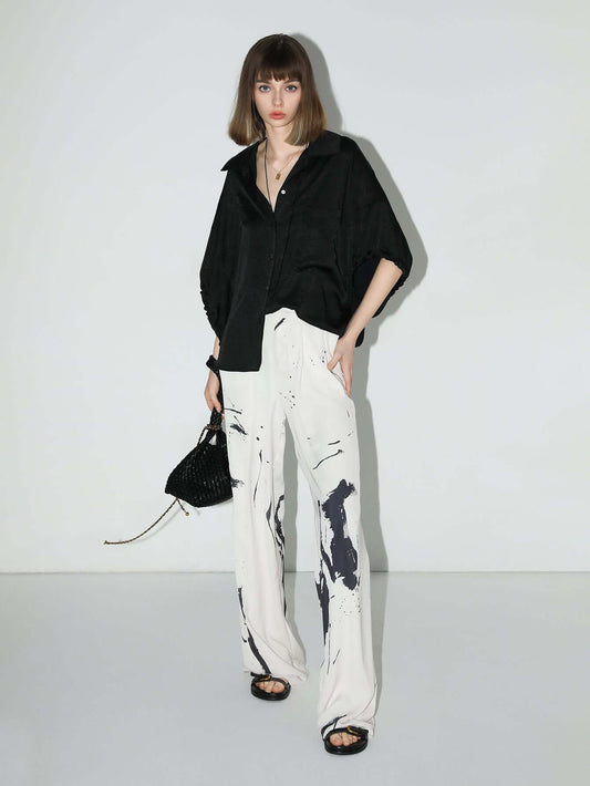 Draped Black Satin Batwing Shirt-0