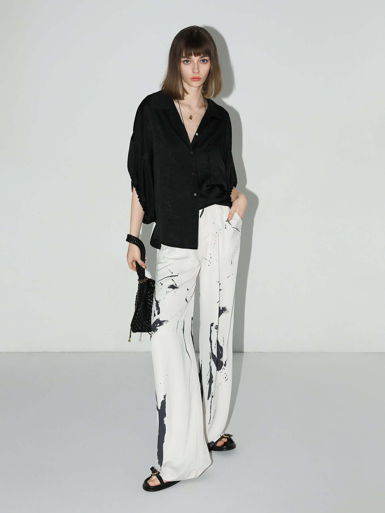 Draped Black Satin Batwing Shirt-2