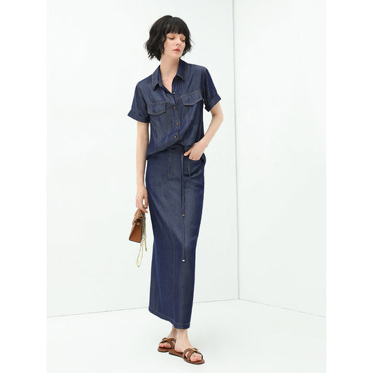 Drawstring High Waist Navy Denim Skirt-1