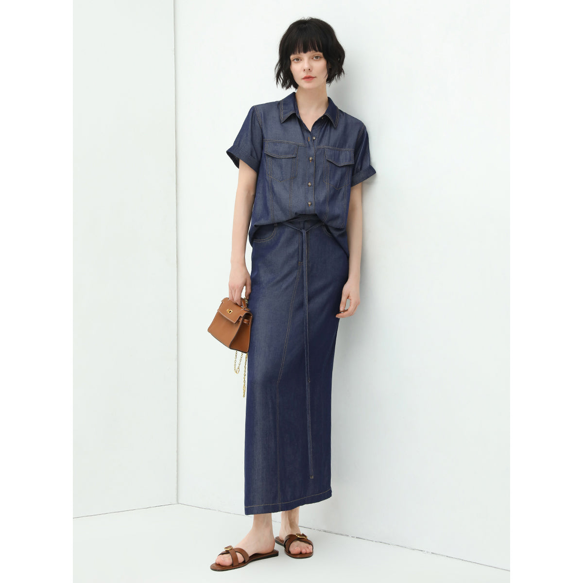 Drawstring High Waist Navy Denim Skirt-2