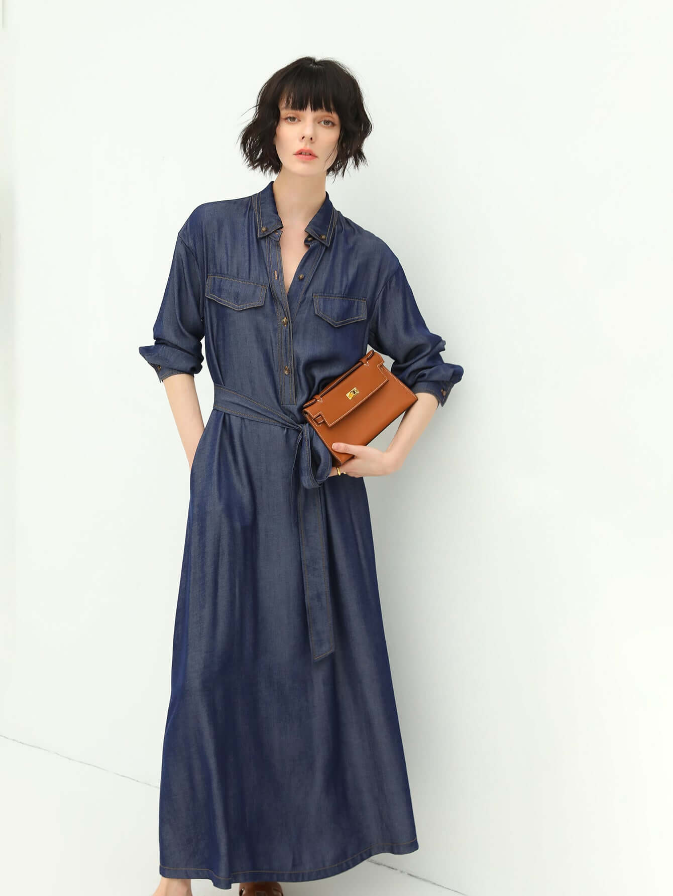 Edgy High-Waist Long-Sleeve Denim Shirt Dress in Navy-2