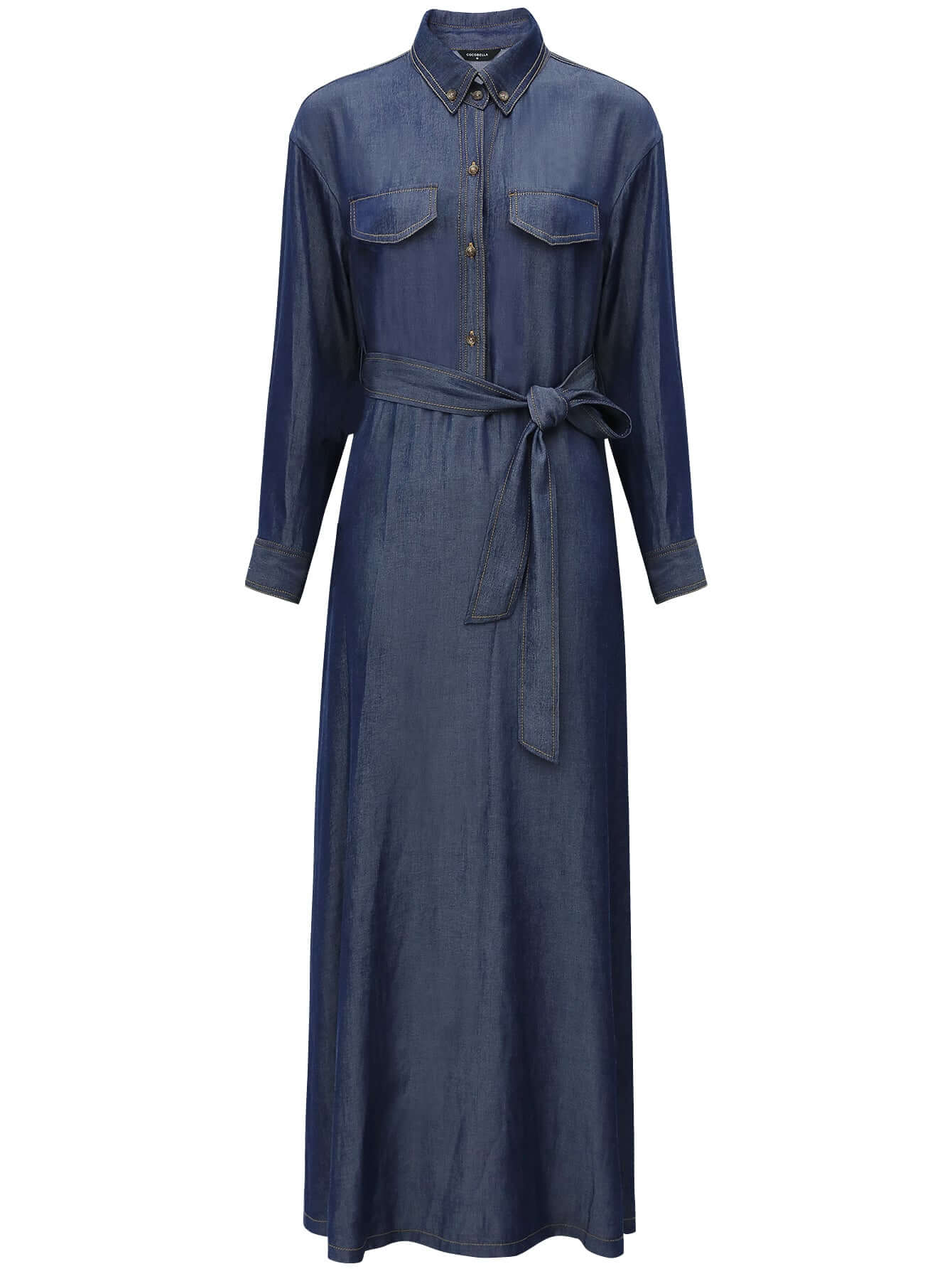 Edgy High-Waist Long-Sleeve Denim Shirt Dress in Navy-3
