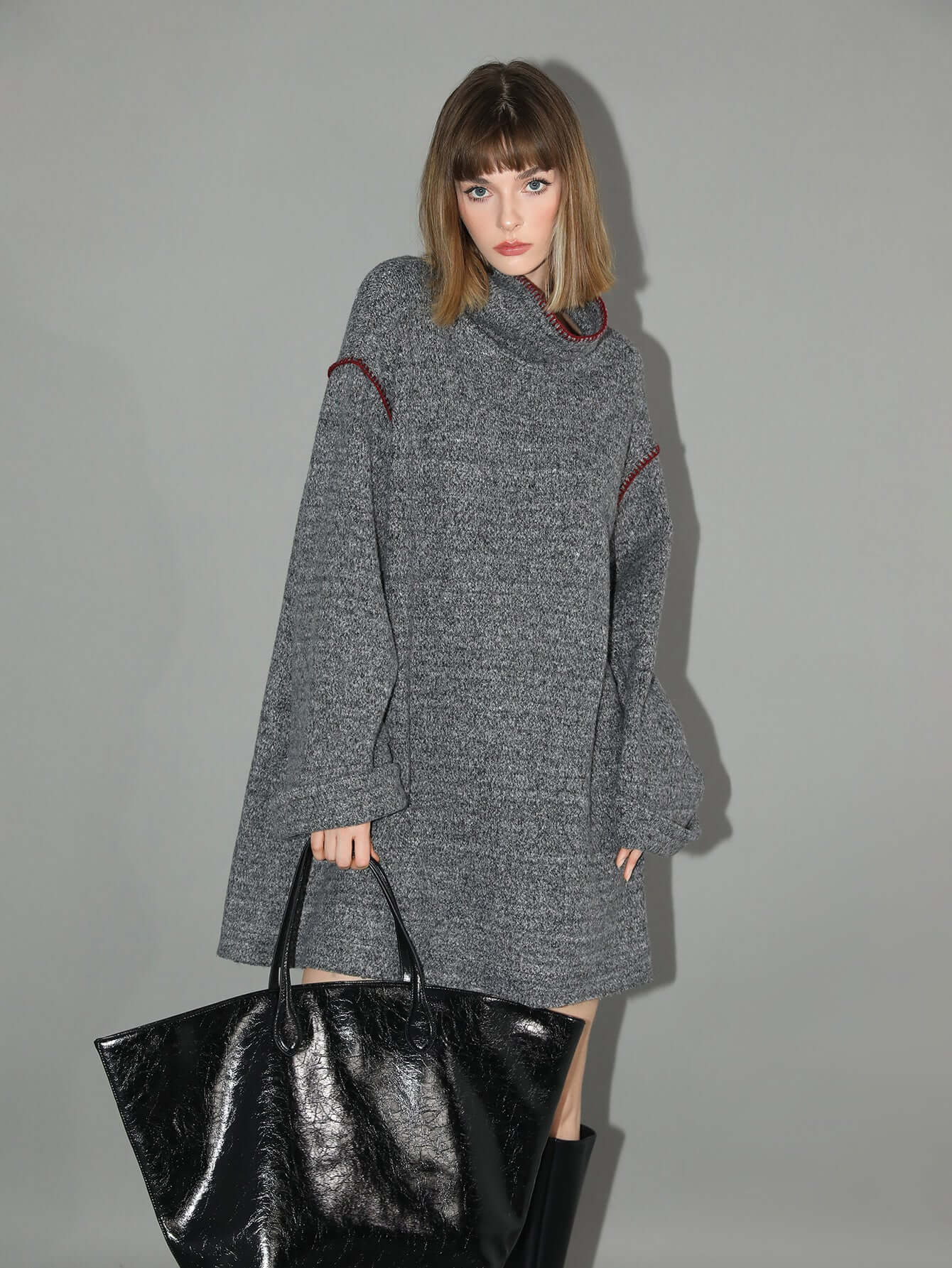 Elegant High-Neck Grey Knitted Dress-0