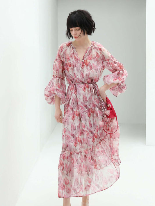 Floral Blush Pink Two Piece Chiffon Dress-0