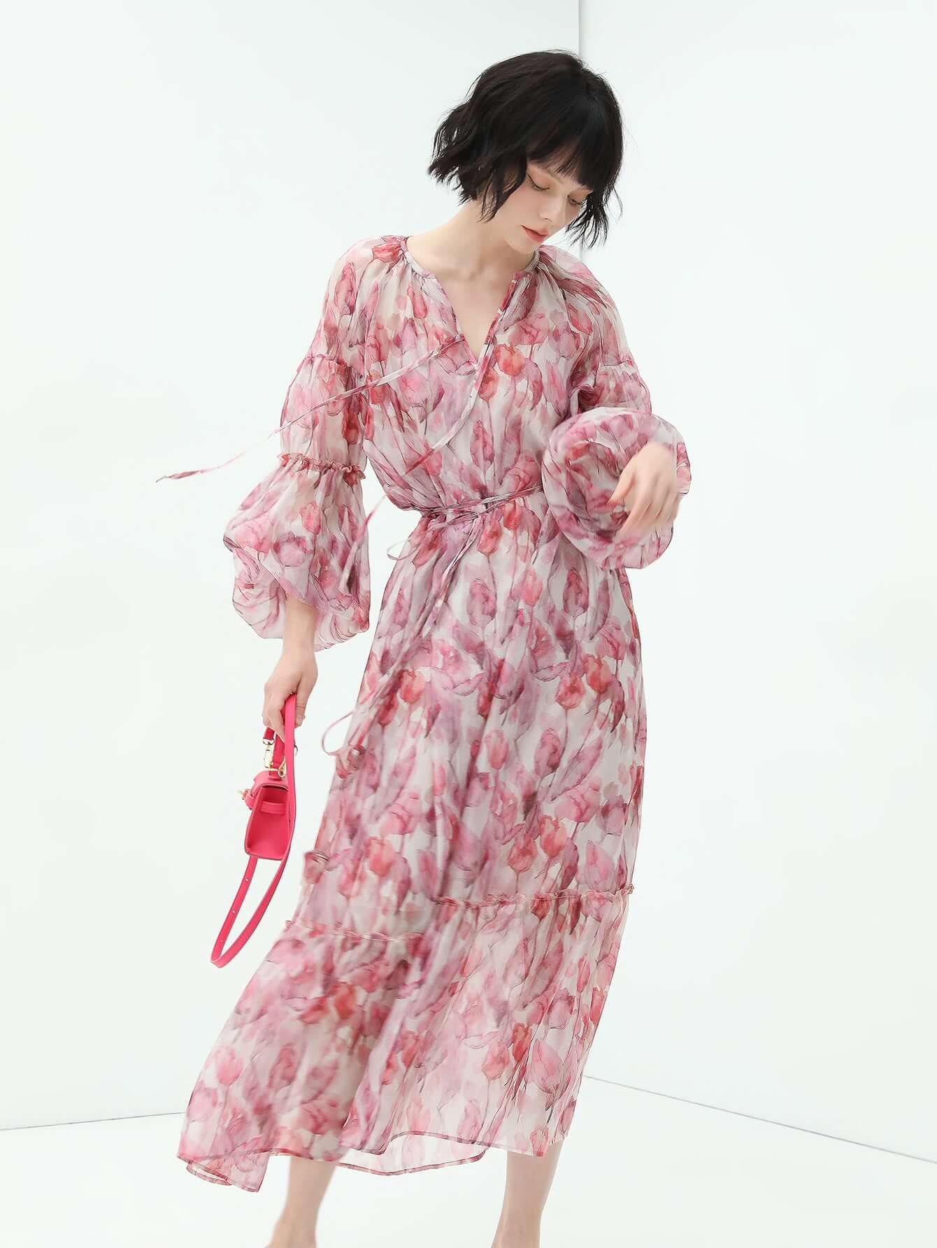 Floral Blush Pink Two Piece Chiffon Dress-1