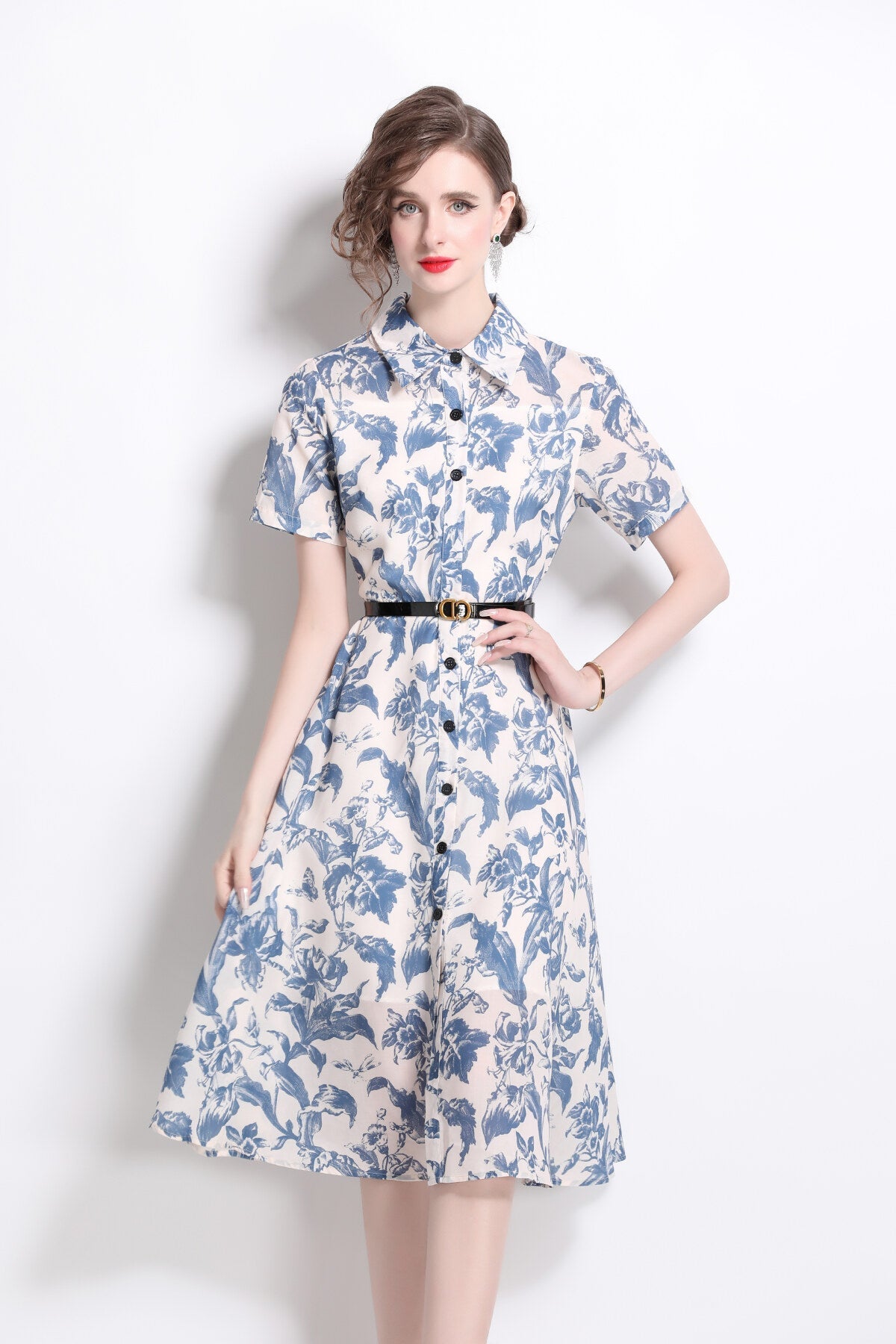 Floral Cinched Waist A Line Work Shirt Dress-0