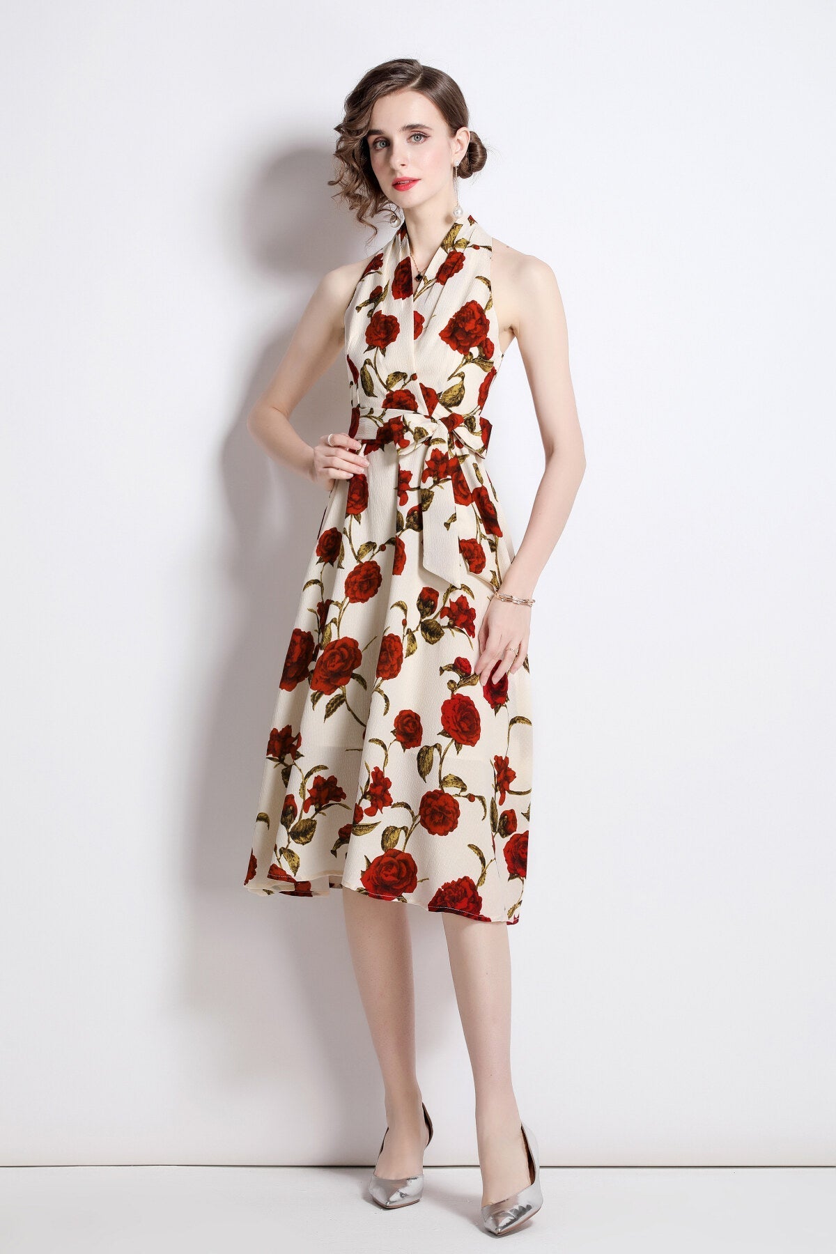 Floral High Waisted Slimming Halter Neck Beige A Line Dress-1