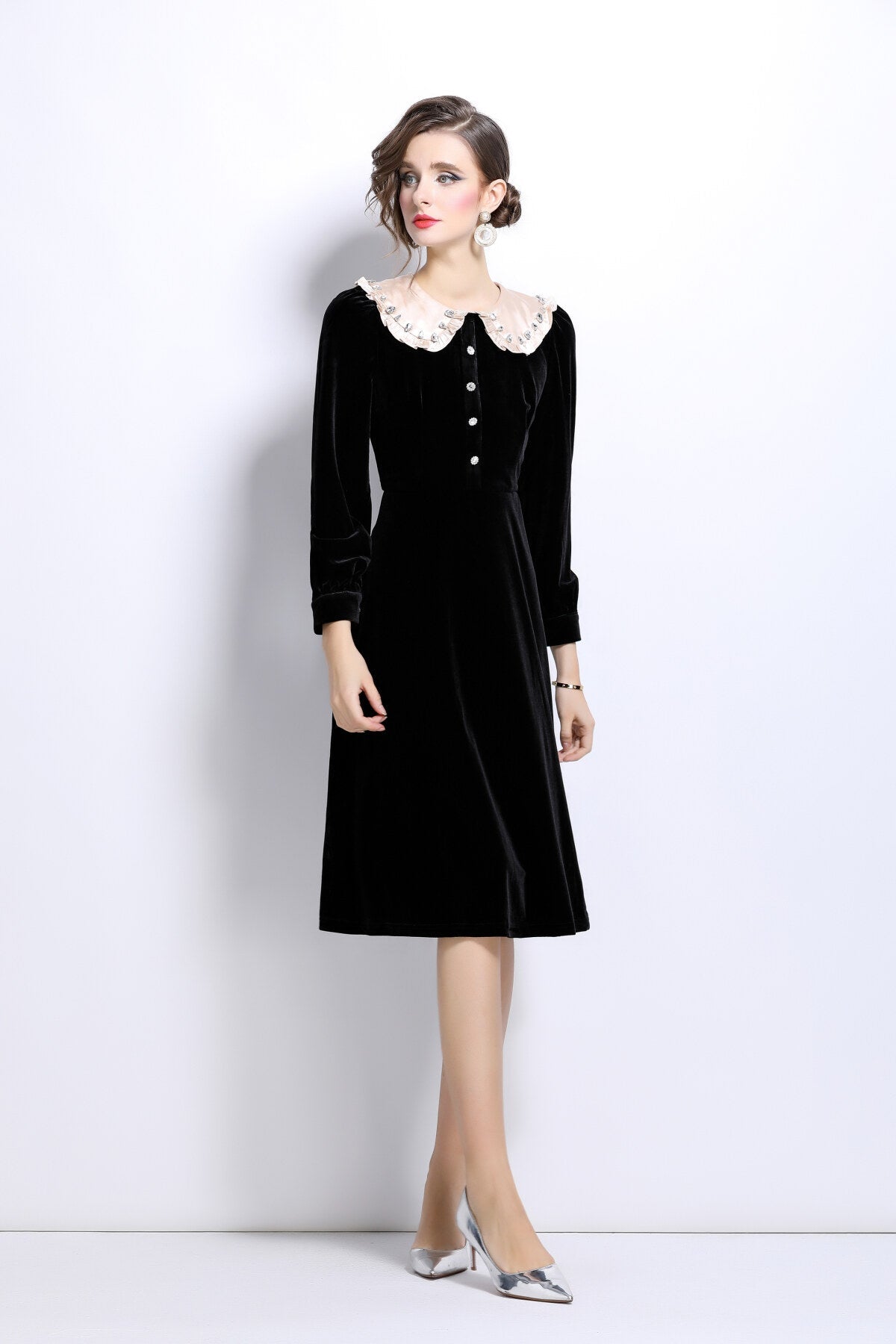 French Lace Collar Knee Length Black Velvet Dress-2