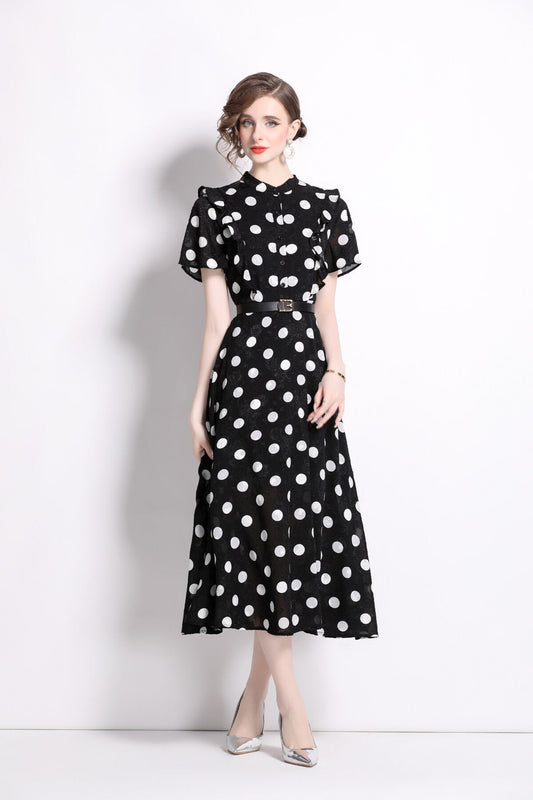 French Polka Dot Print Stand Collar Midi A Line Dress-0