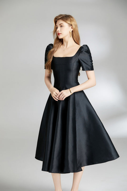 French Square Neck Flared Evening Dress-1