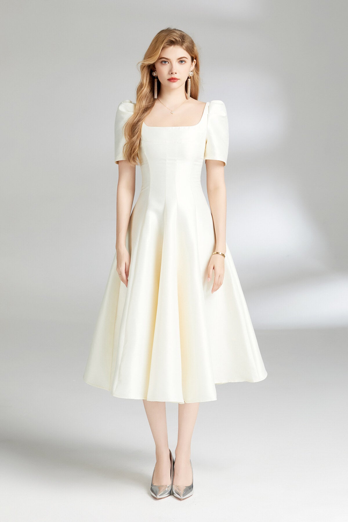 French Square Neck Flared Evening Dress-5