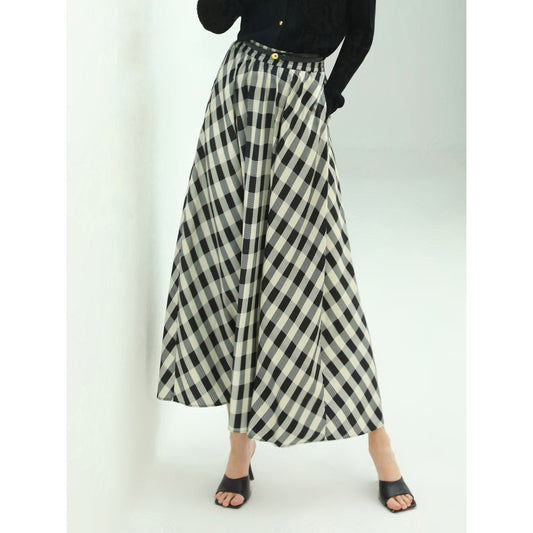 Full A Line High-Waist Checkered Maxi Skirt-0