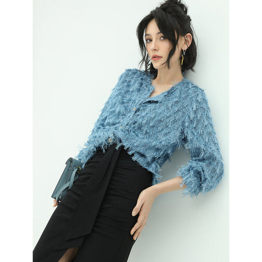 Fuzzy Jacquard Shaggy Blue Chiffon Cardigan-0
