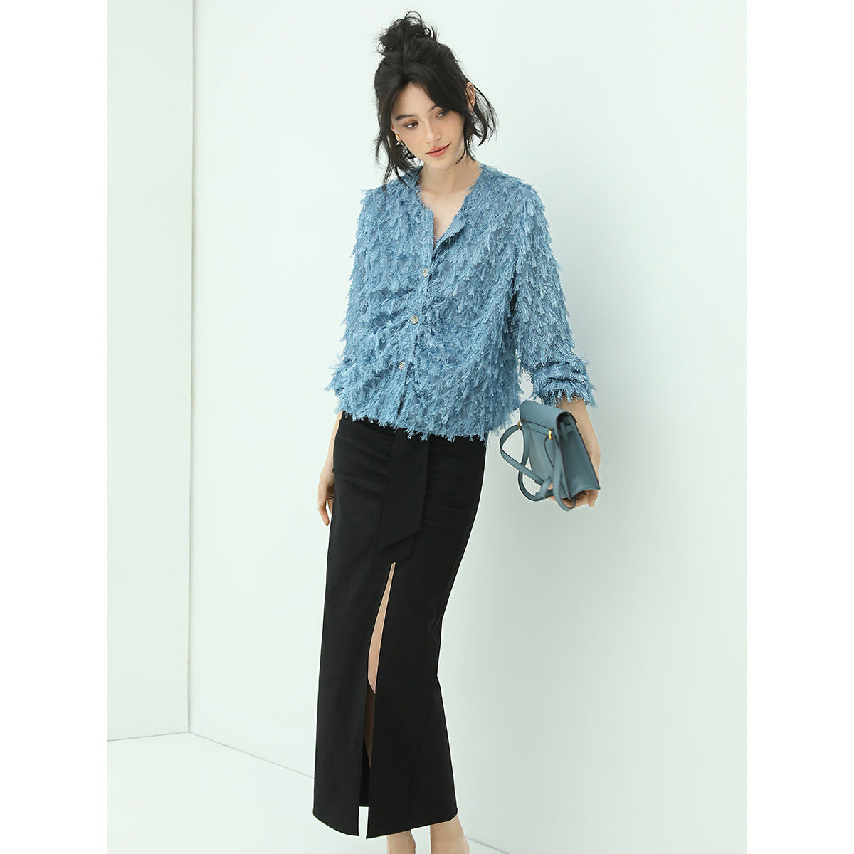 Fuzzy Jacquard Shaggy Blue Chiffon Cardigan-2