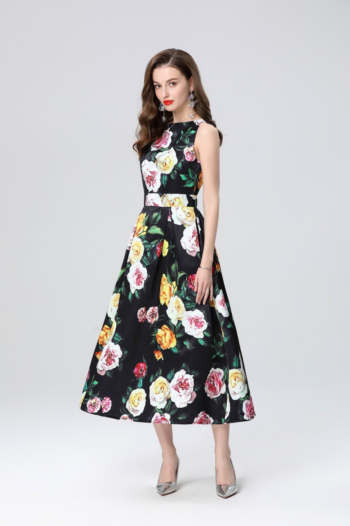 Garden Floral Structured Sleeveless High Waisted A Line Dress-1