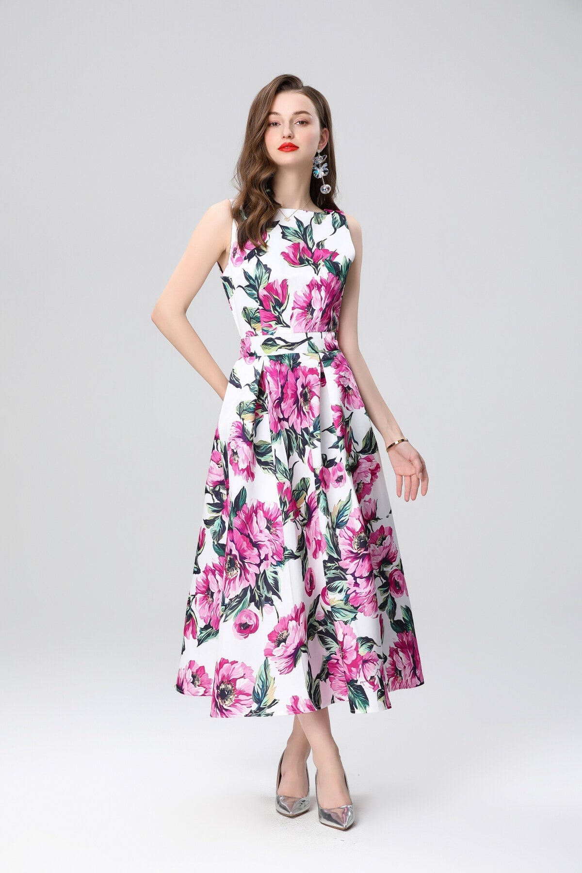 Garden Floral Structured Sleeveless High Waisted A Line Dress-8