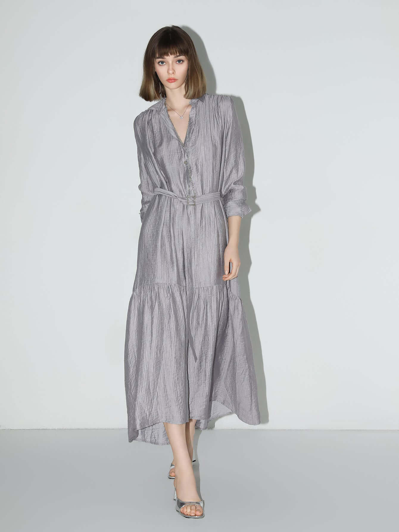 Glam Purple Pleated Long-Sleeve Shirt Dress-0