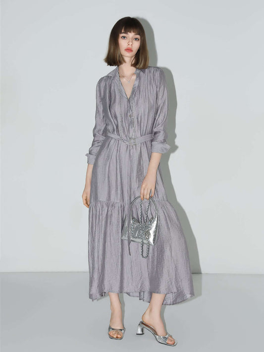 Glam Purple Pleated Long-Sleeve Shirt Dress-1