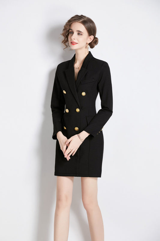Gold Double Breasted Little Black Blazer Dress-1