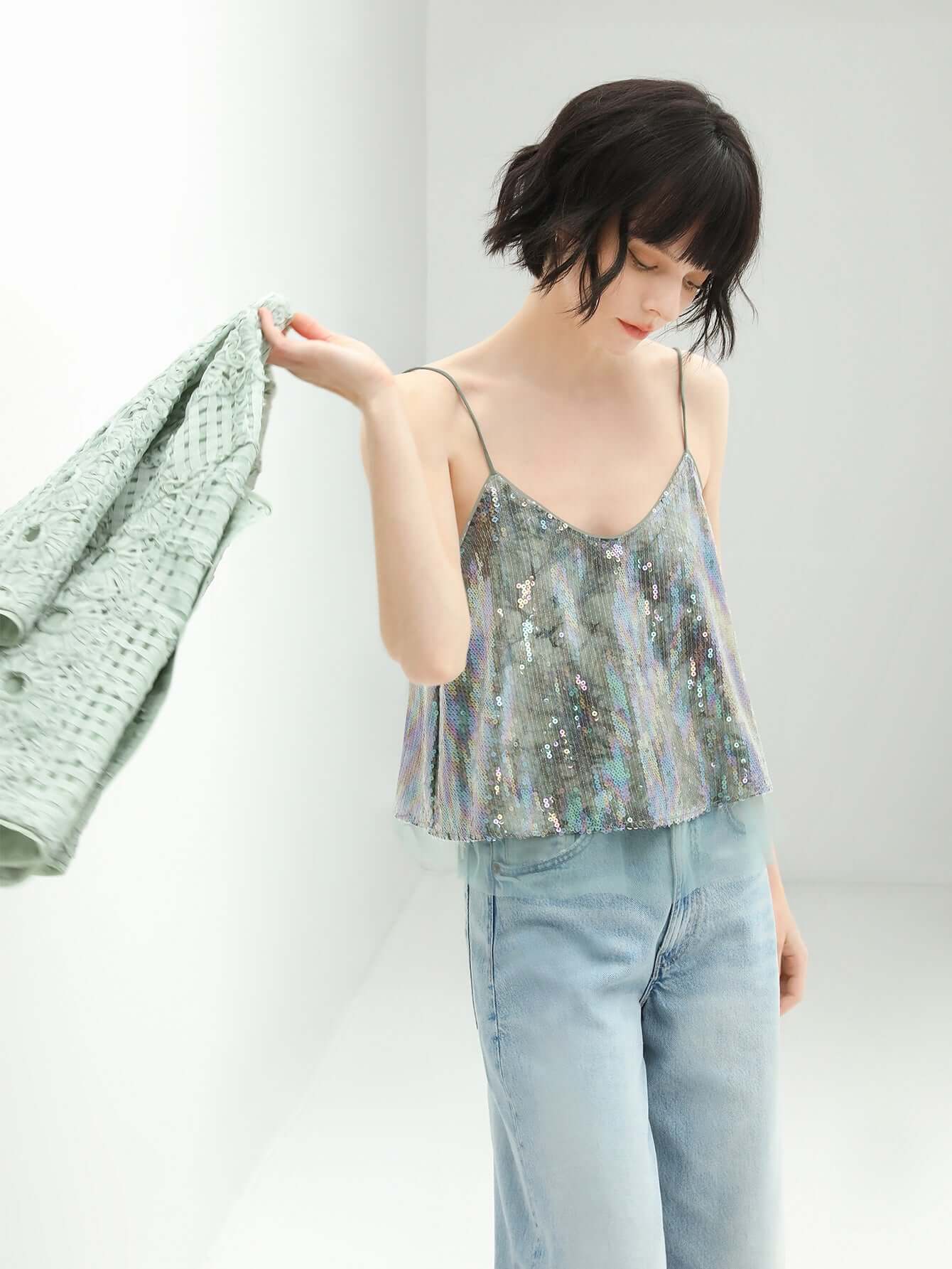 Green Tie-dye Sequined Top-0