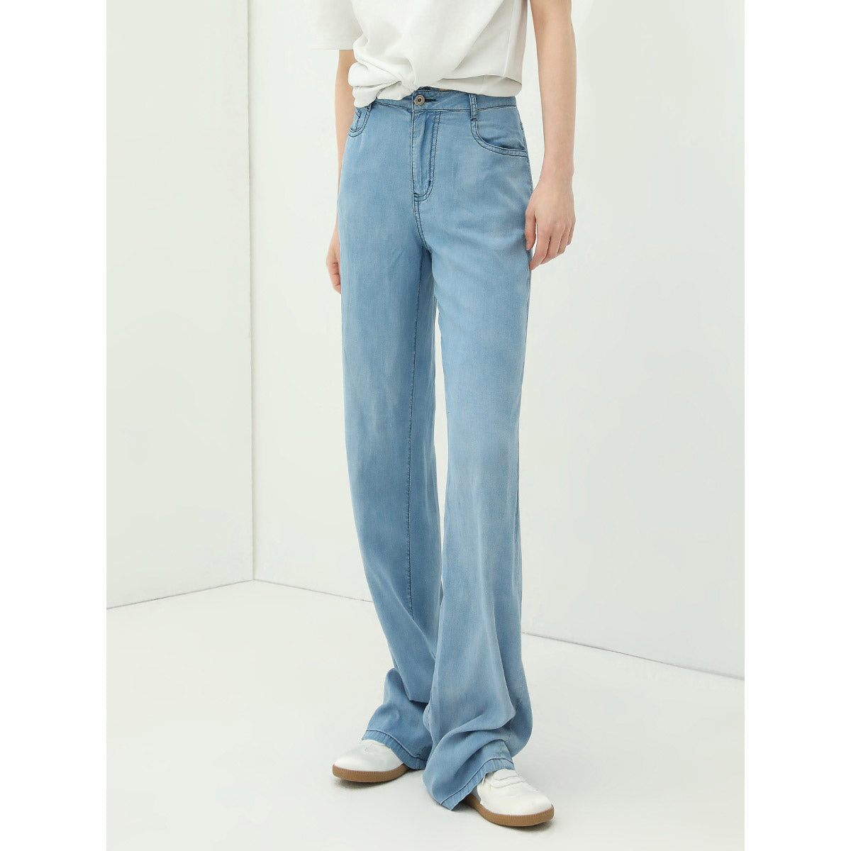 High Waist Draped Straight Leg Blue Jeans-0