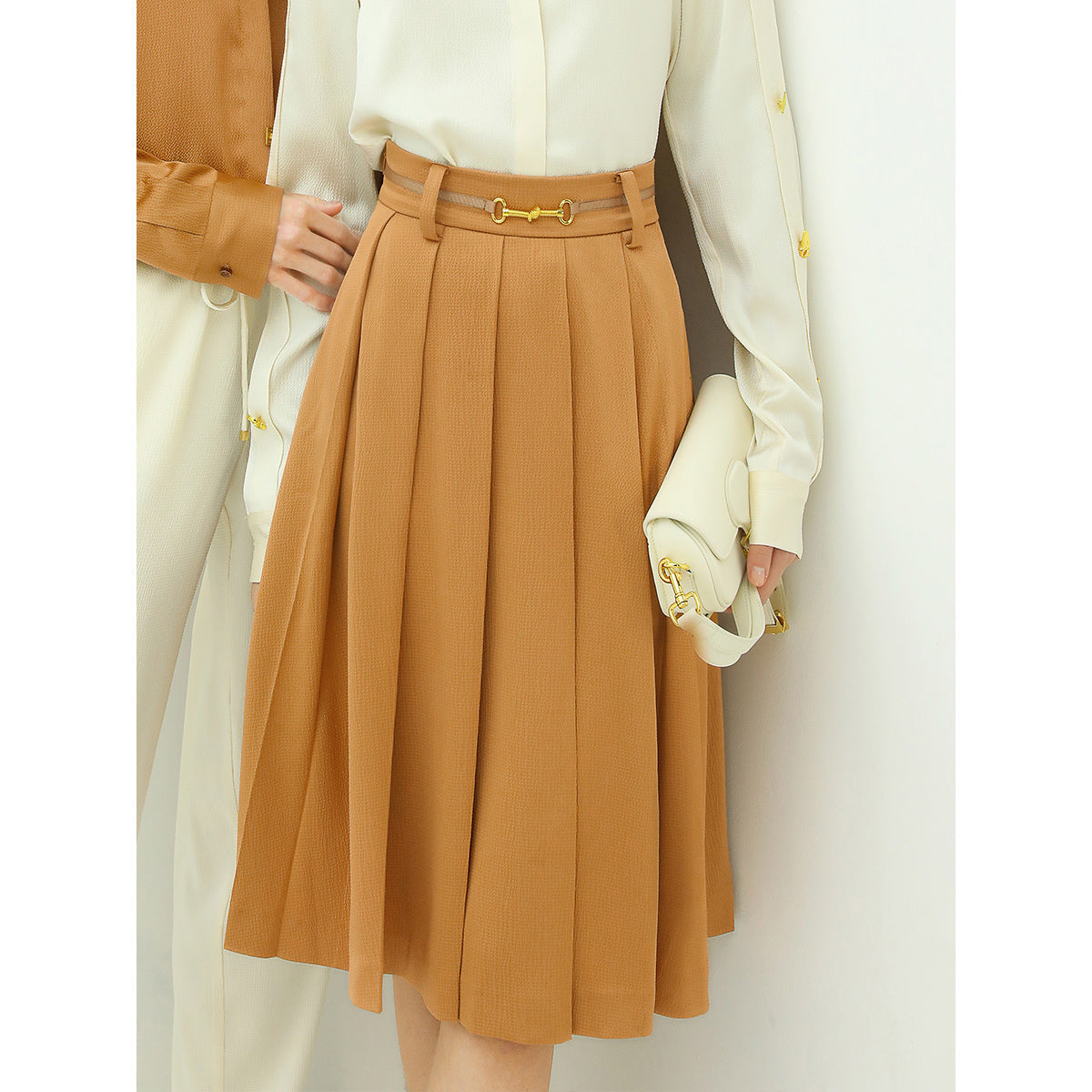 High Waist Pleated Belted Brown Skirt-0