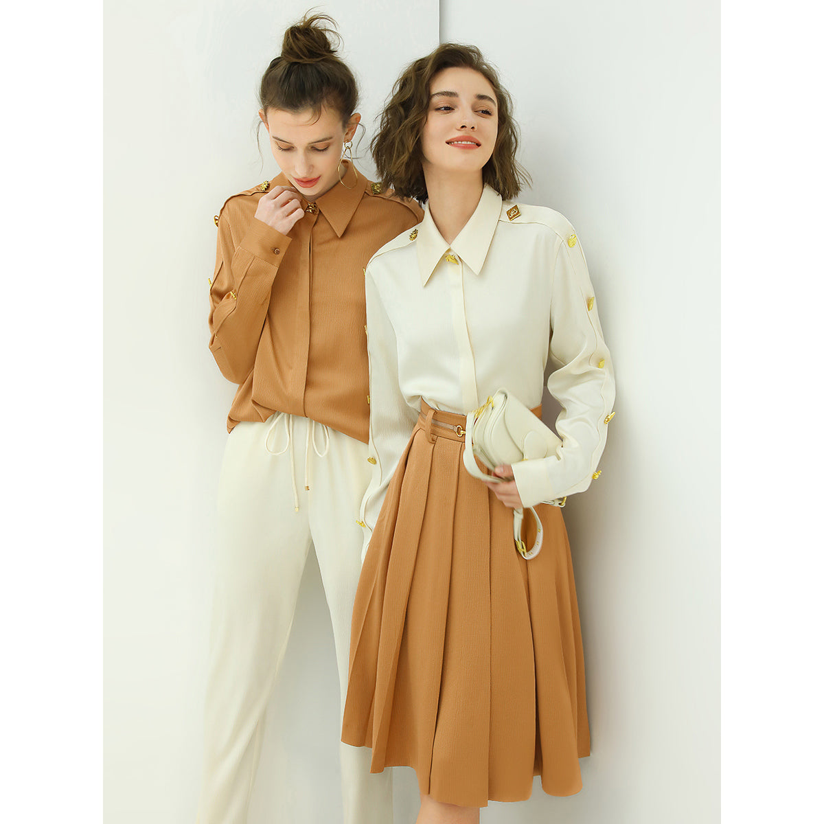 High Waist Pleated Belted Brown Skirt-1