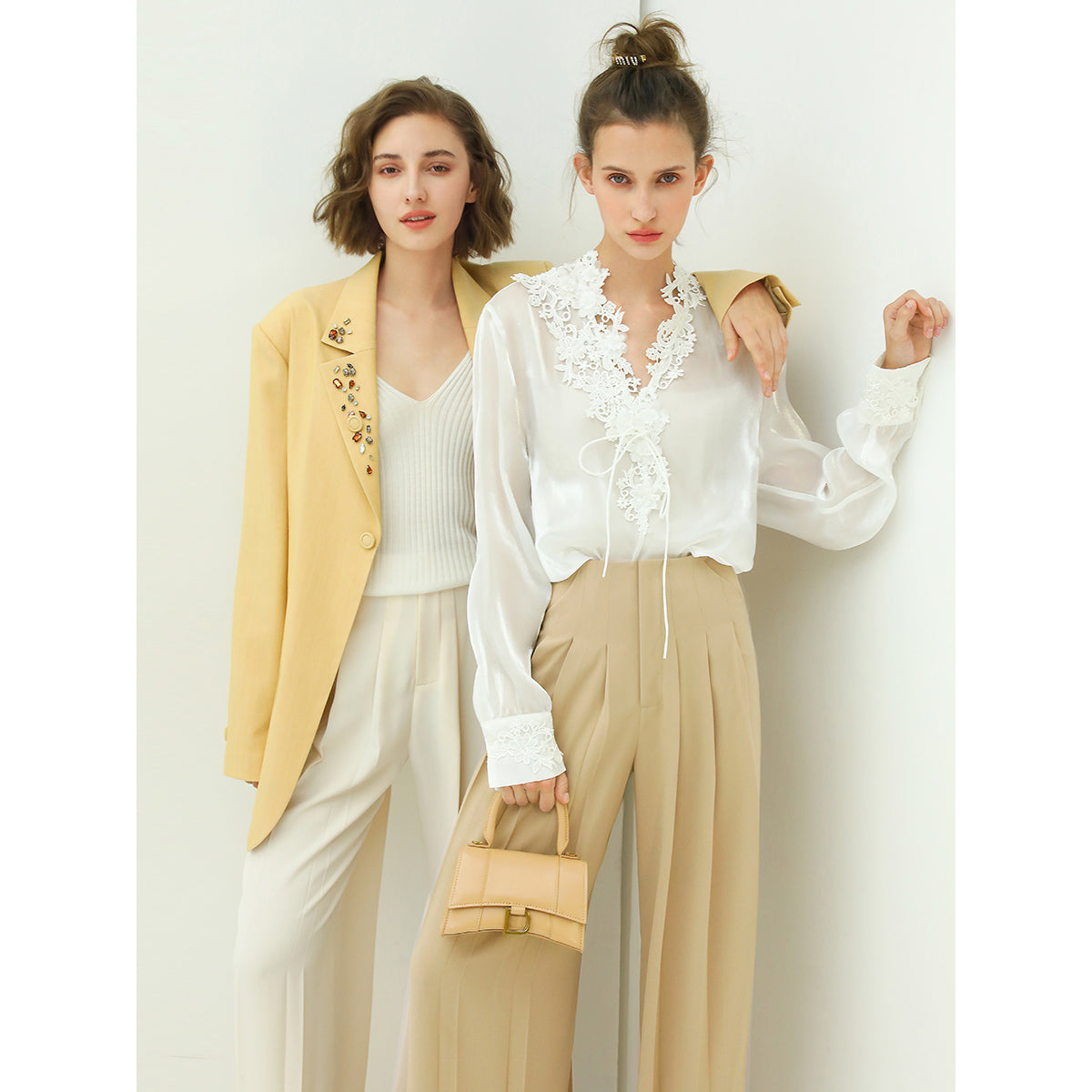 High Waist Pleated Wide Leg Beige Pants-2