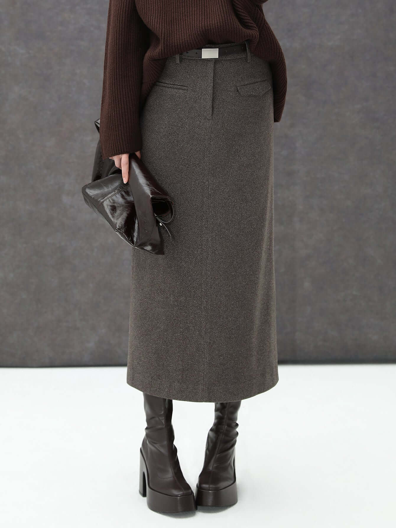 High-waisted Modern Charcoal Midi Skirt for Winter-2