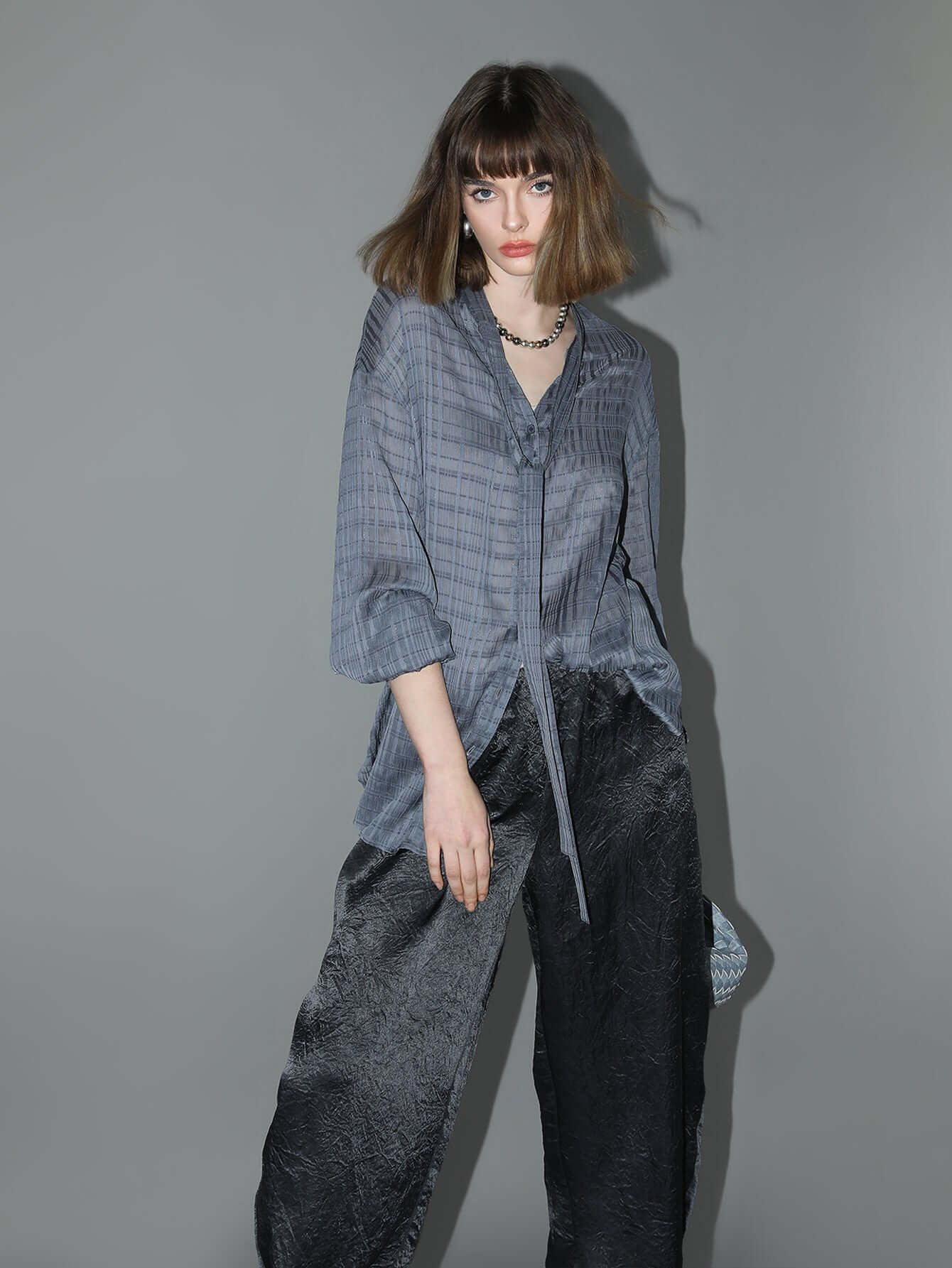 Intricate Sheer Navy Jacquard Shirt with Ribbon Tie-0