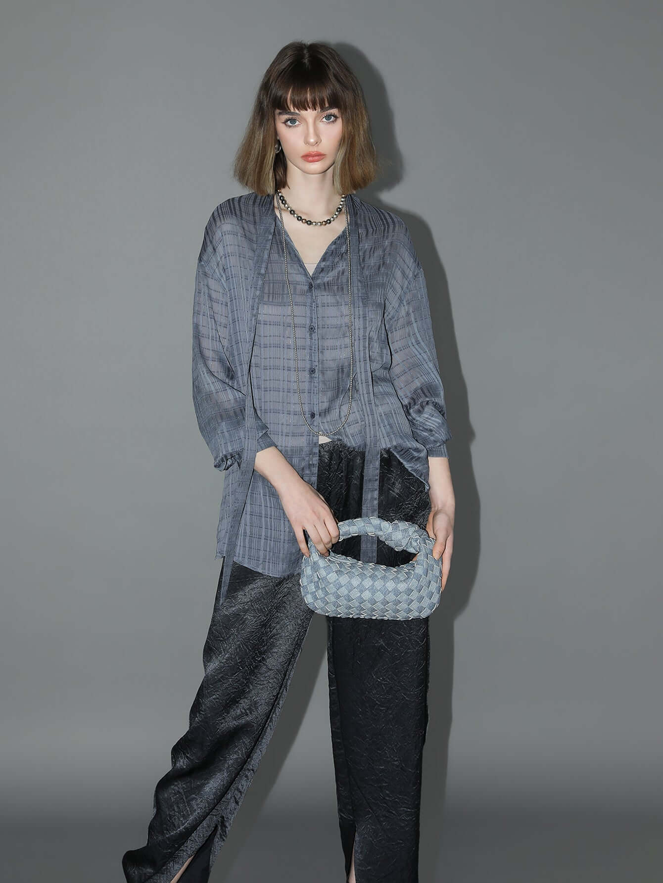 Intricate Sheer Navy Jacquard Shirt with Ribbon Tie-1