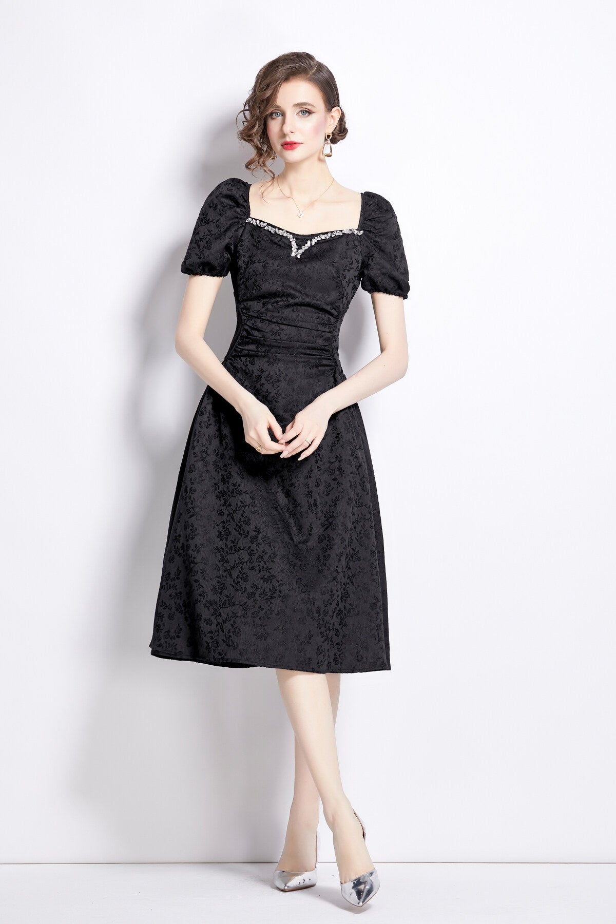 Jacquard Hand Beaded Square Neck Puff Sleeve Midi Dress-0