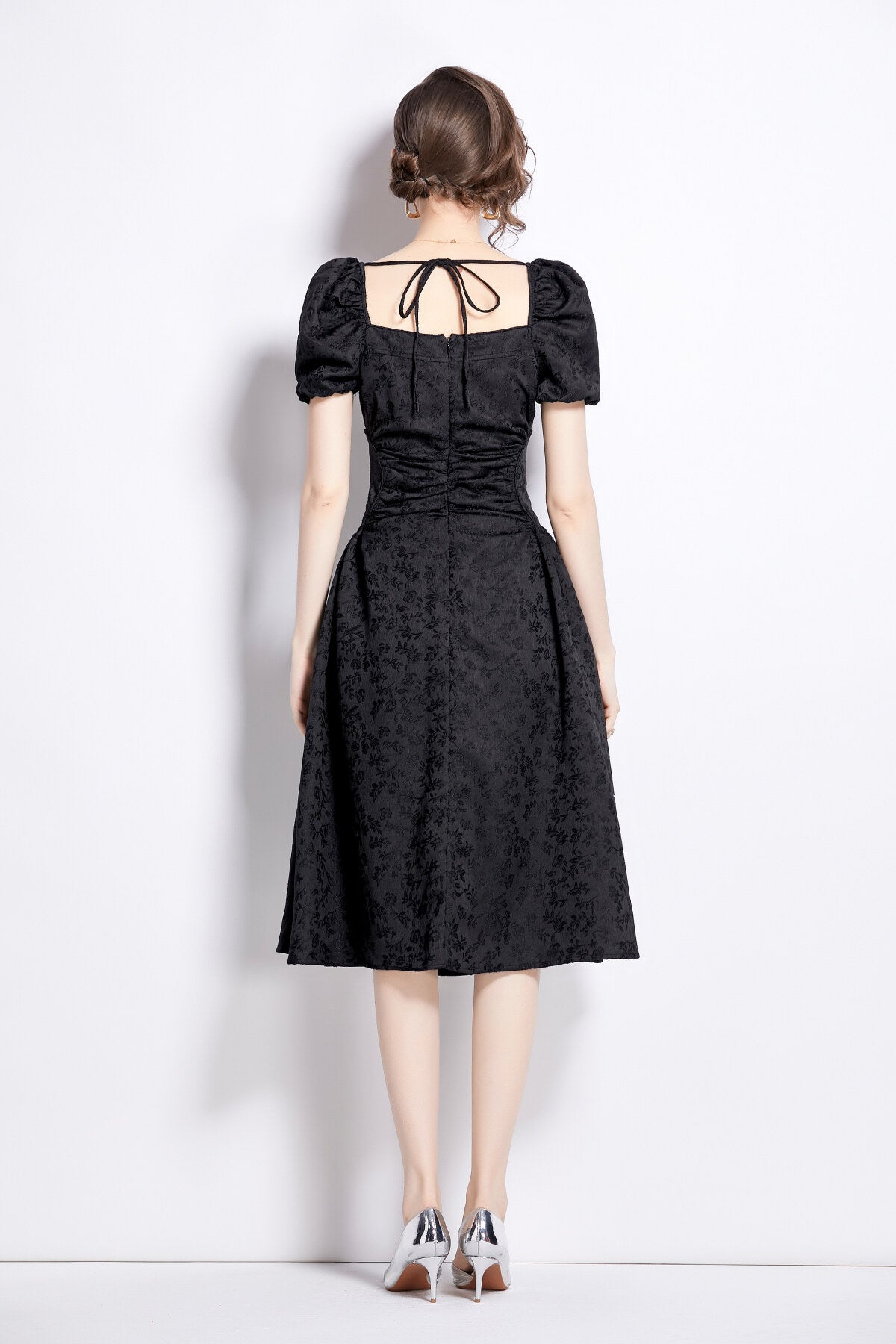 Jacquard Hand Beaded Square Neck Puff Sleeve Midi Dress-3