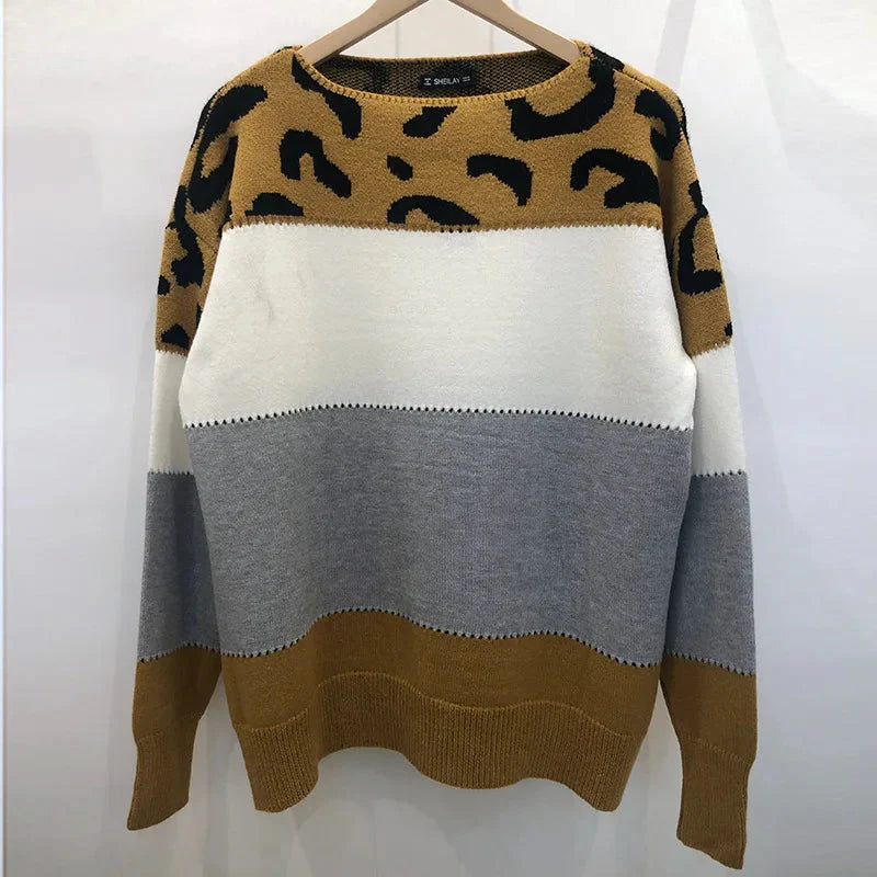 Långärmad stickad tröja med leopardmönster