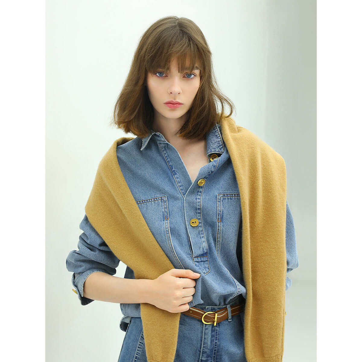 Long Sleeved Blue Denim Shirt with Contrasting Mustard Buttons-0