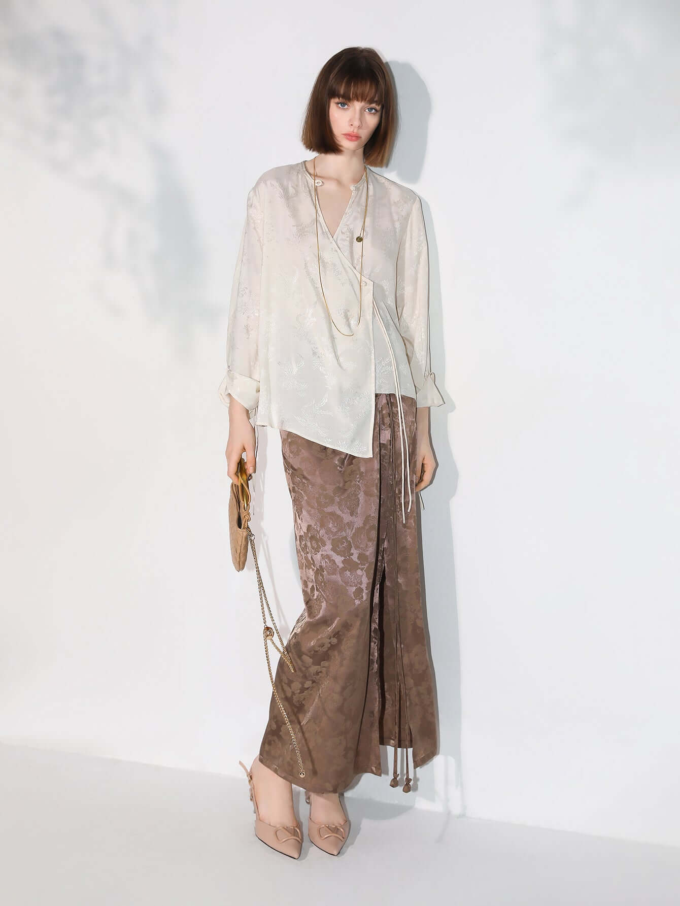 Luxurious Jacquard Draping Brown Silk Satin Skirt-0