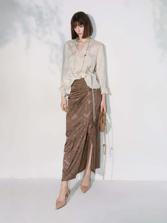 Luxurious Jacquard Draping Brown Silk Satin Skirt-1